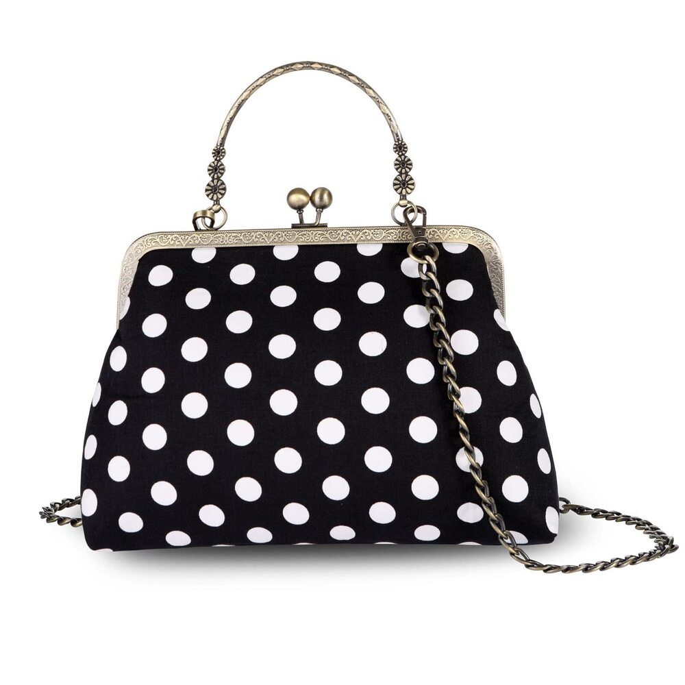 1541 Floral Top Handle Handbag Chain Strap Kiss Lock Canvas Frame Shoulder